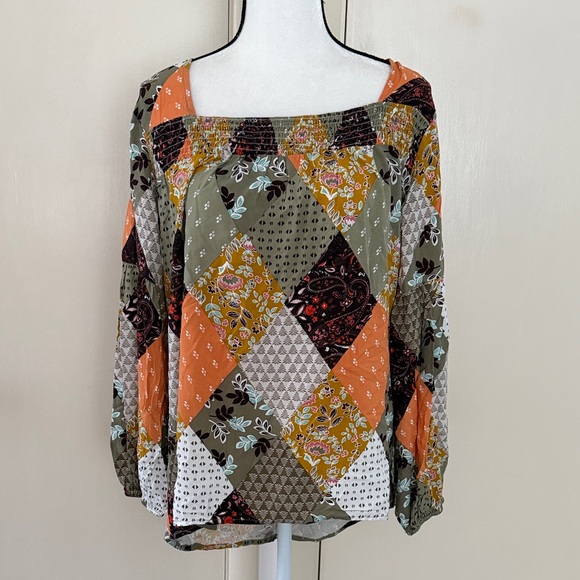 Blue Rose of Kentucky Tops - Boho Patchwork Long Sleeve Blouse